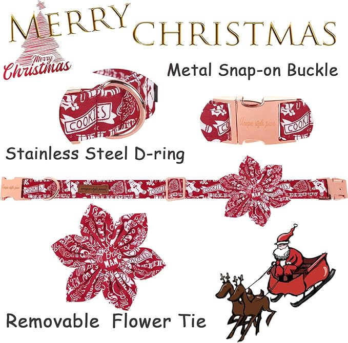 Unique style paws Christmas Dog Collar with Flower Tie Winter Gingerbread Snowman Theme Puppy Collar for Small Medium Large Dogs-M