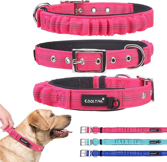 KOOLTAIL Heavy Duty Dog Collar with Handle for Large Dogs, Ballistic Nylon Collar for Training Control, Soft Padded Thick Wide Reflective Dogs Collar with Adjustable Metal Buckle for Walking, Pink S