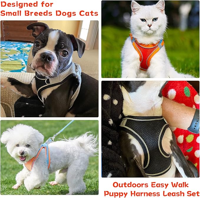 Soft Small Dog Harness and Leash Set Mesh Puppy Harnesses Leash Easy Walk Dog Harness Vest Adjustable Reflective No Pull Dog Harnesses for Small Dogs Cats (Black,XS)