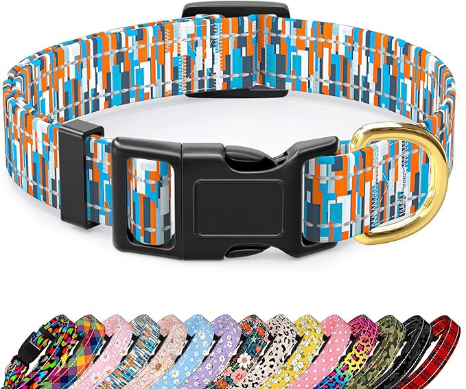 Reflective Dog Collar for Small Dogs, Cute Boho Adjustable Heavy-Duty Nylon Puppy Collar for Boy and Girl Female, Soft Pet Accessories with Quick Release Buckle, Colorful Spliced