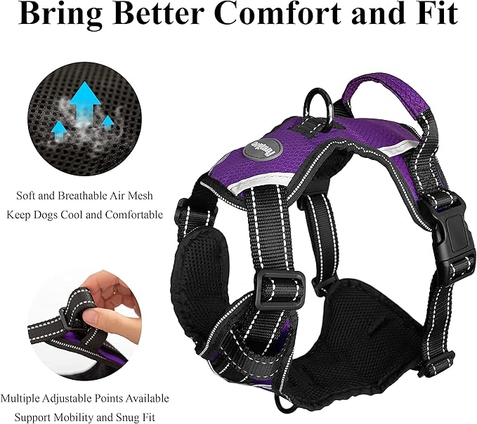 No Pull Dog Harness, Reflective Walking Dog Harness with Easy Control Handle and Front & Back Clips,Adjustable Breathable Soft Padded Dog Vest Harness for Large Medium Small Dogs,Purple,XL
