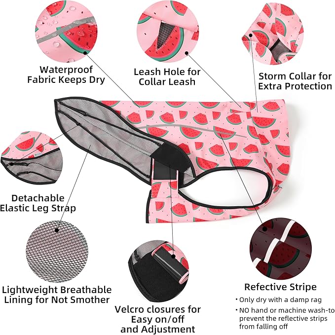 Mile High Life Dog Raincoat, Adjustable Waterproof Reflective Rain Jacket for Small Medium Large Dogs, Lightweight Breathable Pet Rain Coat with Leash Hole(Pink Watermelon,XS Chest 17-23")