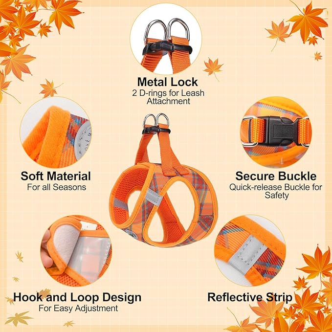 BEAUTYZOO Step in Dog Harness and Leash Set, Reflective Dog Harness No Pull No Choke Puppy Harness for Extra Small Dogs Cats, Soft Padded Mesh Vest Harnesses for Girl and Boy Pets, Orange Plaid XS