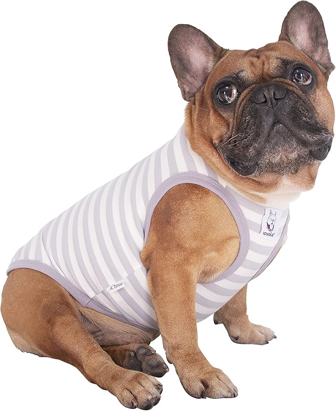 iChoue French Bulldog 100% Breathable Cotton Striped T Shirts Halloween Vest Clothes for Medium Dogs Tank Tops Frenchie Pug English Boston Terrier Pitbull Grey White Stripes - Large