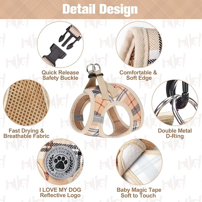 BEAUTYZOO Small Dog Harness and Leash Set,Step in No Choke No Pull Soft Mesh Dog Harnesses Reflective for Extra-Small/Small Medium Puppy Dogs and Cats, Plaid Dog Vest Harness for XS S Pets, Beige M