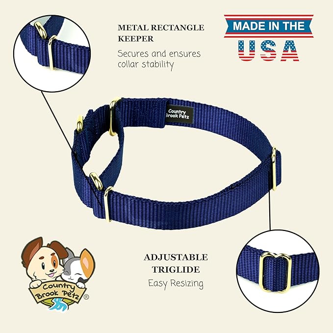 Country Brook Petz Martingale Dog Collar - Heavy-Duty Training Collar with No Buckle - Service Dog Collar for All Pups - Vibrant, Colorful Collection (Navy Blue, 3/4 Inch, Small)