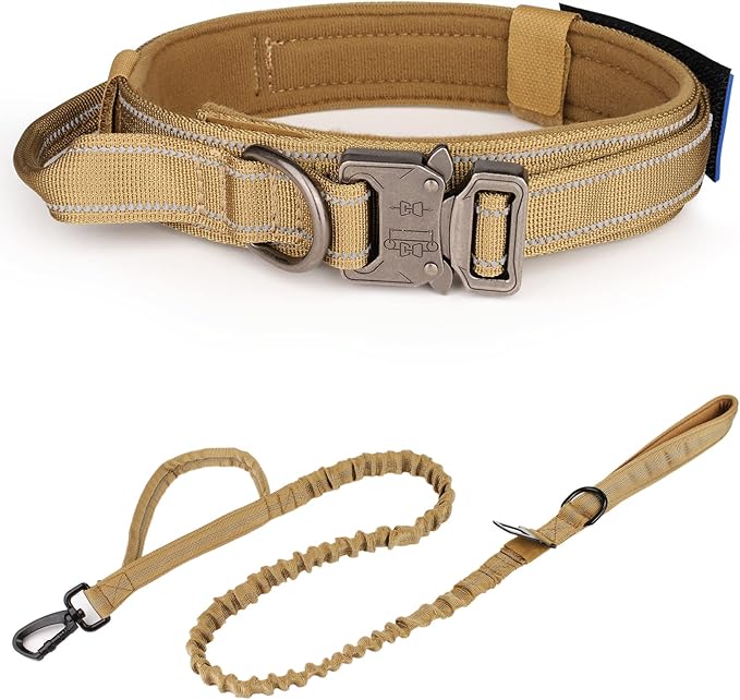 KCUCOP Tactical Dog Collar, Heavy Duty Dog Collar with Handle and Metal Buckle, Military Thick Dog Collars for Medium and Large Dogs(Brown-Reflective Set-M, 1 Patch)
