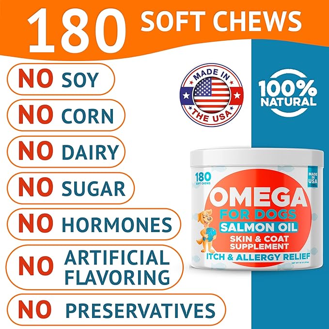 Omega 3 Fish Oil for Dogs (180Ct) - Skin&Coat Chews - Dry & Itchy Skin Relief + Allergy Support - Shiny Coat - EPA&DHA Fatty Acids - Salmon Oil Chews Promotes Heart