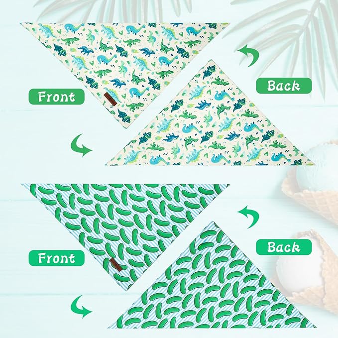 Lionet Paws Summer 2pcs Dog Bandanas, Dinosaur Dog Scarf Bib Premium Fabric, Happy Cucumbers Blue Bandanas for Small Medium Dogs Pets