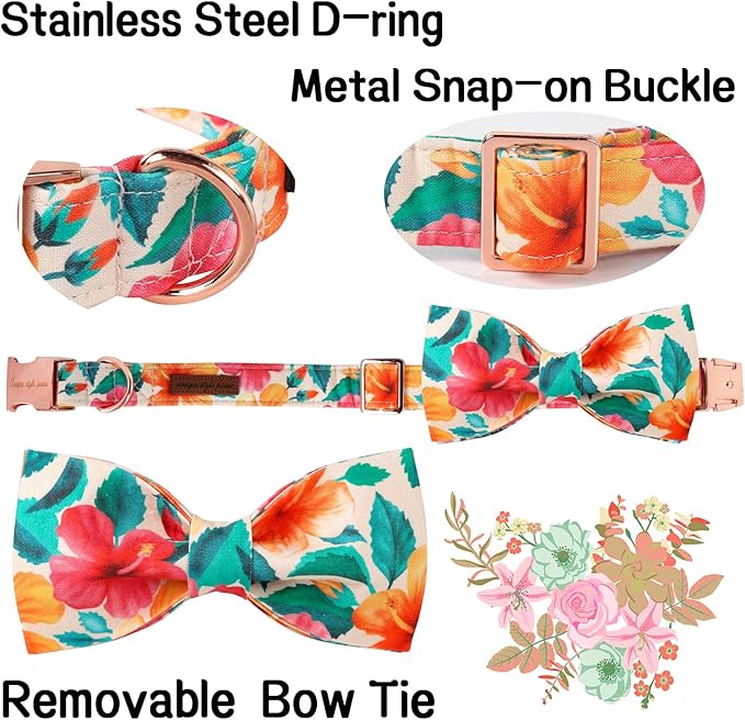 Unique Style Paws Cotton Dog Collar with Bow Floral Plaid Colorful Dog Collar with Bow Tie for Small Medium Large Dogs Pets Gifts