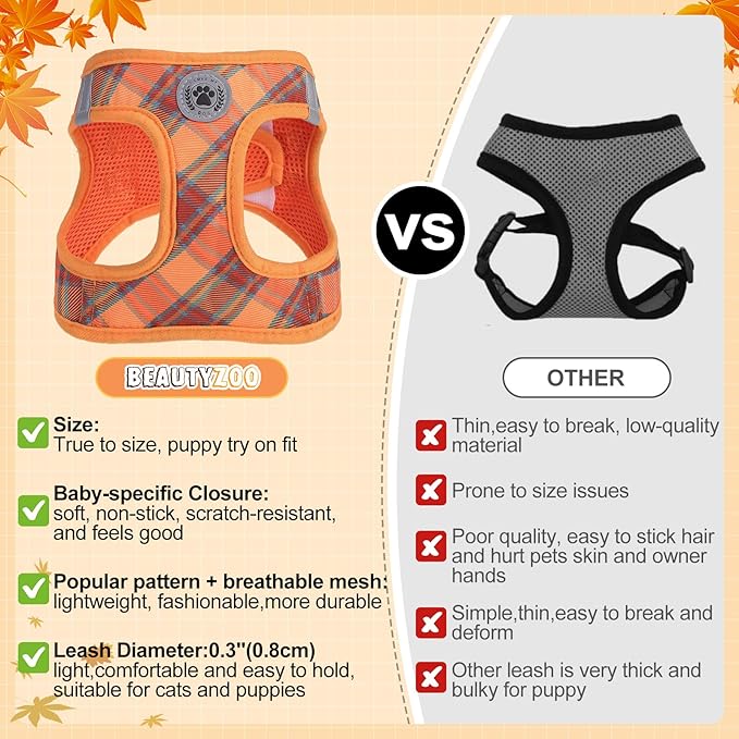 BEAUTYZOO Step in Dog Harness and Leash Set, Reflective Dog Harness No Pull No Choke Puppy Harness for Extra Small Dogs Cats, Soft Padded Mesh Vest Harnesses for Girl and Boy Pets, Orange Plaid S