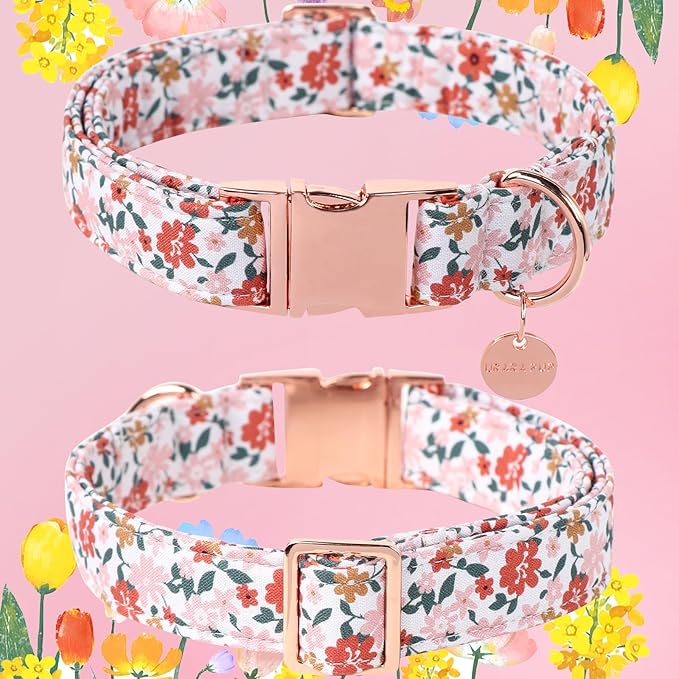 Dog Collar for Summer,Little Flower Dog Collar,Cotton Puppy Collar with Adjustable Buckle for Small,Medium,Large Girl Boy Dog, PinkYe CC
