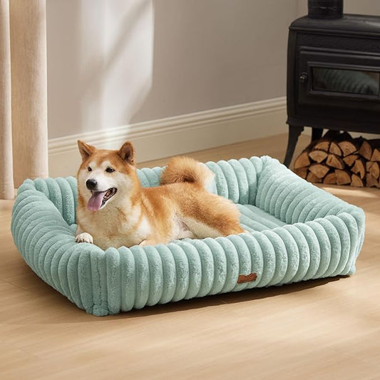 Bedsure Washable Dog Bed for Large Dogs - Cute Furry Puppy Beds, Rectangle Orthopedic Corduroy Fleece Pet Beds with Removable Zipper Cover, 36x27x8inches, Green