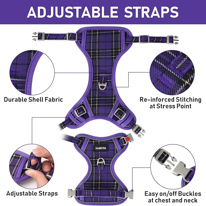 GAMUDA Dog Harness Collar and Leash Set, Dog Harness, No Chock No Pull Adjustable Vest Harnesses Plaid Reflective for Medium Dog, Cat, Small Horse, Small Bull and Pig (Purple, XL)