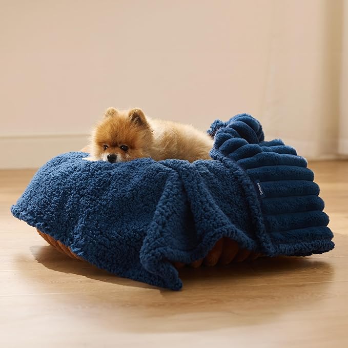 Bedsure Waterproof Dog Blankets for Small Dogs - Soft Puppy Cat Blanket Corduroy Fleece Washable, Cozy Calming Reversible Furniture Protection for Pet Kitten Doggy,25"x35", Navy Blue