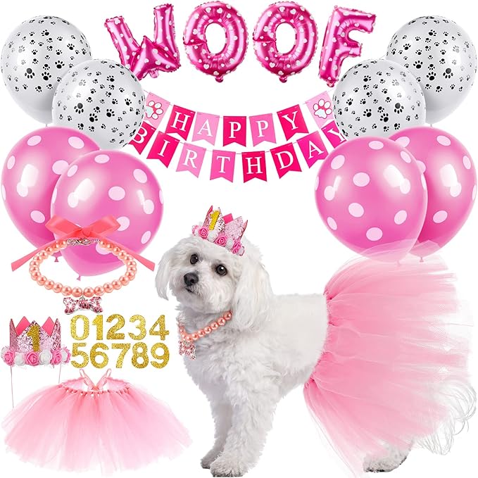 Maitys 13 Pcs Dog Birthday Party Supplies Cute Dog Girl Bandanas Set Pink Tutu Skirt Puppy Crown Hat Pearl Necklace Happy Birthday Banner 9 Pink Woof Paw Balloons Toy for Puppy Pet Cat