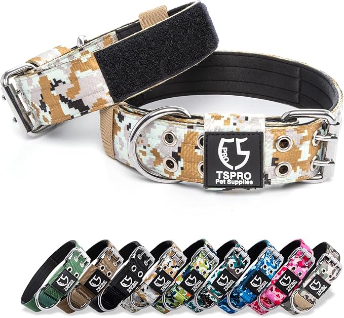 TSPRO Tactical Dog Collar with Metal Buckle & Patch, 1.5 Inch Wide, Adjustable, Durable Thick Collar for Medium to Large Dogs (Camo Khaki)