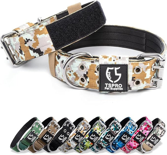 TSPRO Tactical Dog Collar with Metal Buckle & Patch, 1.5 Inch Wide, Adjustable, Durable Thick Collar for Medium to Large Dogs (Camo Khaki)