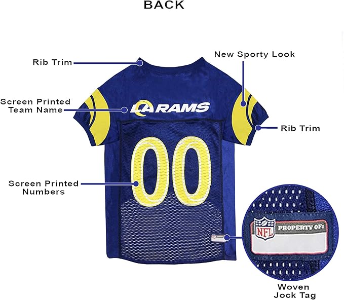 Pets First NFL Los Angeles Rams Dog Jersey, Size Small. Best Football Jersey Costume for Dogs