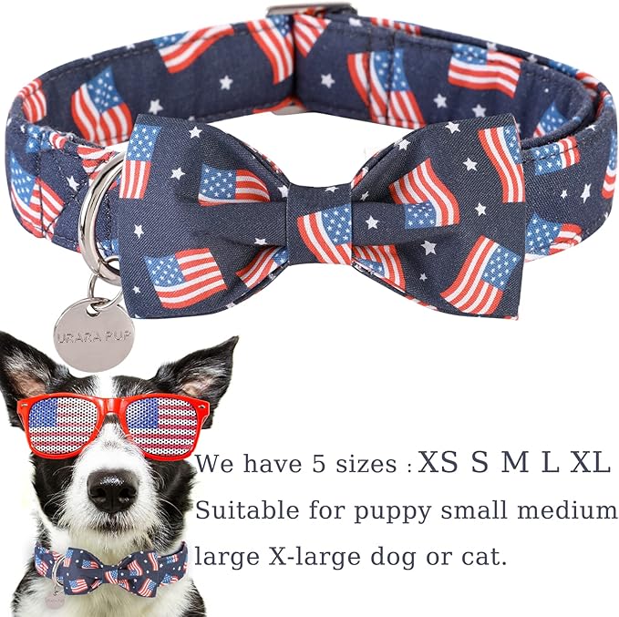American Flag Dog Collar with Bow Tie, 4th of July Comfortable Cotton Cute Dog Collar with Metal Buckle, Patriotic Bowtie Collar for Puppy Girl Boy Dog or Cat, XS
