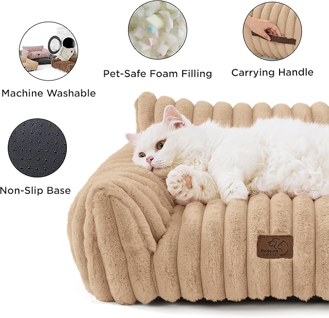 Bedsure Cute Couch for Pets - Fluffy Cat Sofa with Premium Soft Corduroy Fleece, Fuzzy Couch Bed with Removable Washable Cover, Supportive Cat Chair, 24in, Tuscan Beige