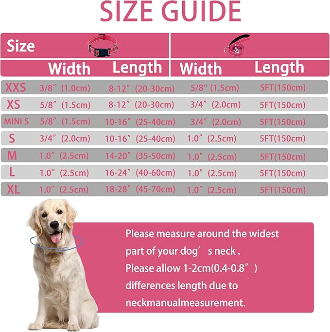 Reflective Dog Collar with Safety Locking Buckle, Adjustable Soft Breathable Nylon Collars for Small, Medium and Large Dogs(Collar+Leash M Hotpink)