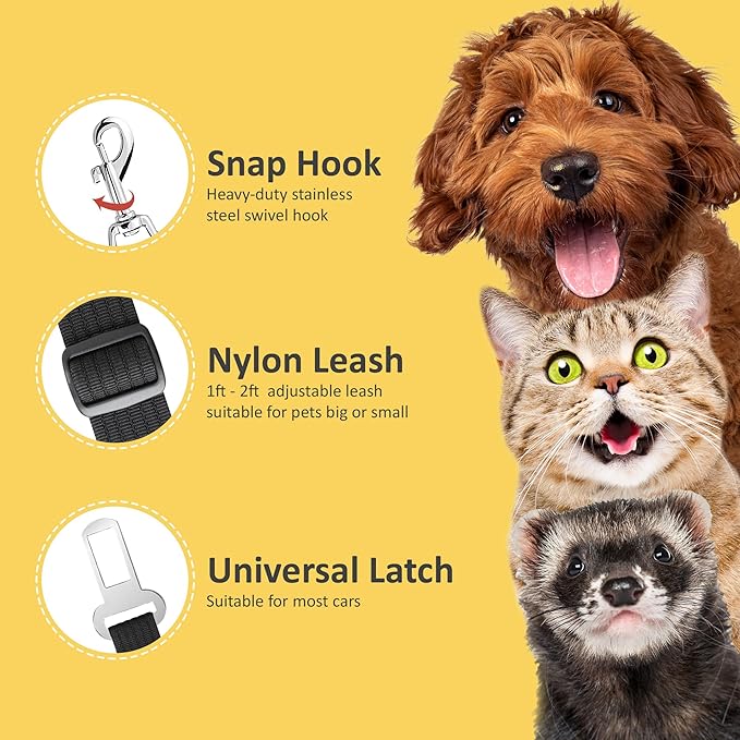 SunGrow Dog Seat Belt for Car, Adjustable Nylon Pet Seatbelt, Supports All Cars, Dog Car Leash Seat Belt, Seatbelt for Dogs, Cats & Ferrets Travel Harness