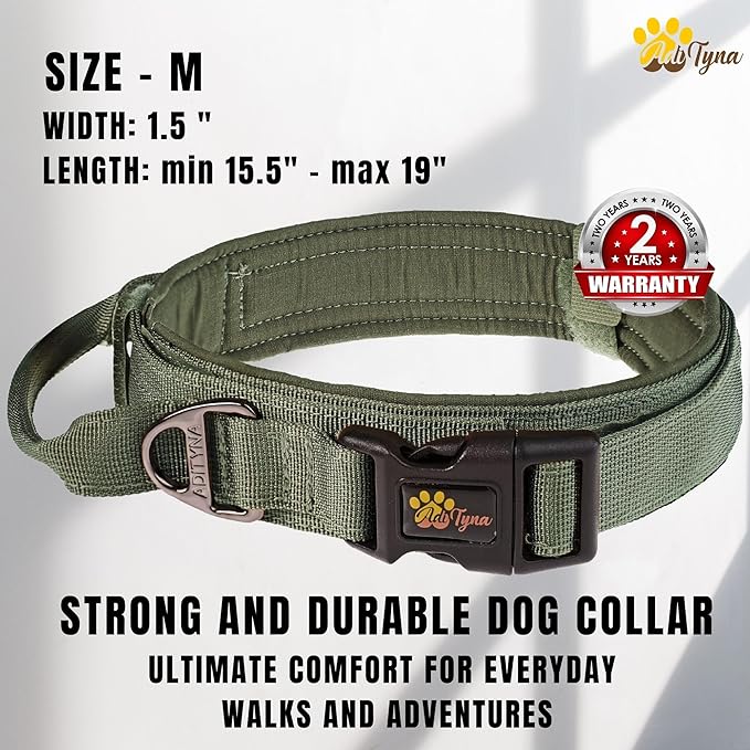 ADITYNA Tactical Dog Collar for Medium Dogs - Soft Padded, Heavy Duty, Service, Adjustable, Military, K9 Green Medium Collar with Handle for Training and Walking
