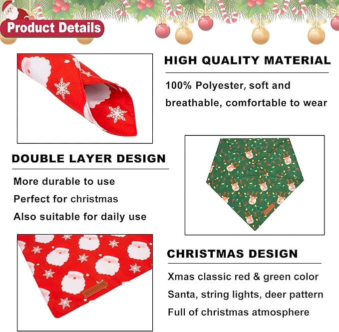 ADOGGYGO Christmas Dog Bandanas 2 Pack, Santa Deer Pattern Pet Xmas Scarf Bib, Premium Durable Fabric, Pet Christmas Bandanas for Medium Large Dogs (Large)