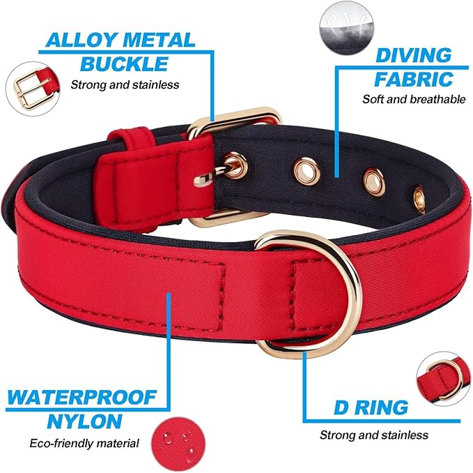 Didog Soft Padded Dog Collars for Medium Dogs, Lightweight and Breathable Dog Collar Waterproof with Metal Buckle, Red, M