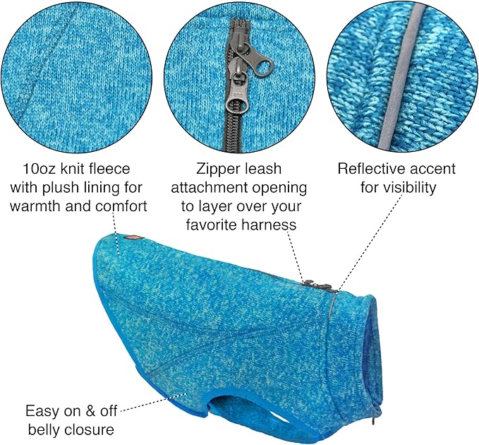 Kurgo Core Dog Sweater, Knit Dog Sweater with Fleece Lining, Cold Weather Pet Jacket, Zipper Opening for Harness, Adjustable Neck, Year-Round Sweater for Extra Large Dogs (Heather Blue, X-Large)