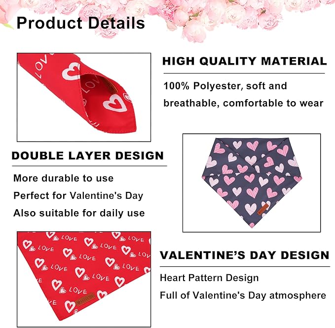 ADOGGYGO Valentine Dog Bandana, Red Blue Heart Puppy Scarf, Premium Durable Fabric, Adjustable Fit Pet Valentine Bandanas for Small Dogs (Small)