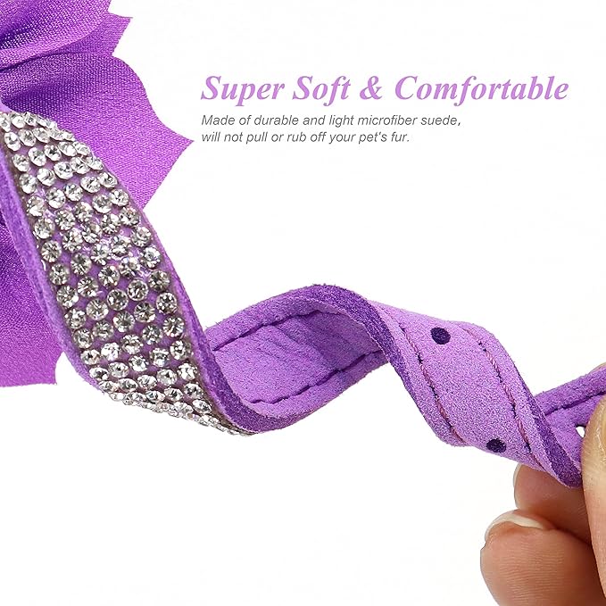 PET ARTIST Rhinestone Dog Collar and Leash Set, Sparkling Girl Dog Collars with Bling Diamonds, Soft Leather Purple Pet Collar with Cute Flower for Small Medium Dogs Walking Party Wedding,M