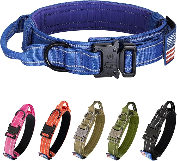 KCUCOP Tactical Dog Collar for Medium & Large Dogs - Military Nylon Heavy Duty Collar with Handle, Reflective Strip & Metal Buckle for Training, Outdoor (Dark Blue Reflective, Large)