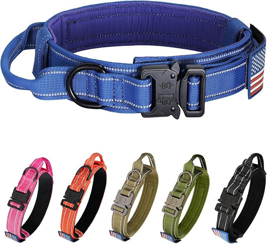 KCUCOP Tactical Dog Collar for Medium & Large Dogs - Military Nylon Heavy Duty Collar with Handle, Reflective Strip & Metal Buckle for Training, Outdoor (Dark Blue Reflective, Large)