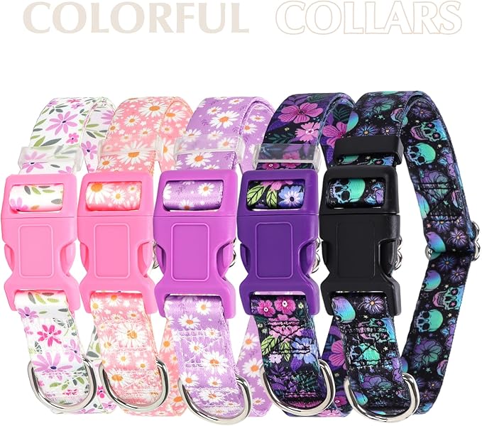 Dog Collars for Medium Dogs, Dog Collar with Flowers Patterns, Adjustable Comfy Soft Pet Collar for Small Medium Large Dogs (Floral L)