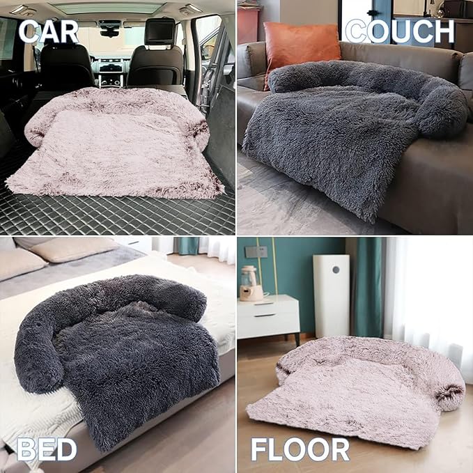 Calming Dog Bed Fluffy Plush Dog Mat for Furniture Protector with Removable Washable Cover for Large Medium Small Dogs and Cats (Medium, Rust White)