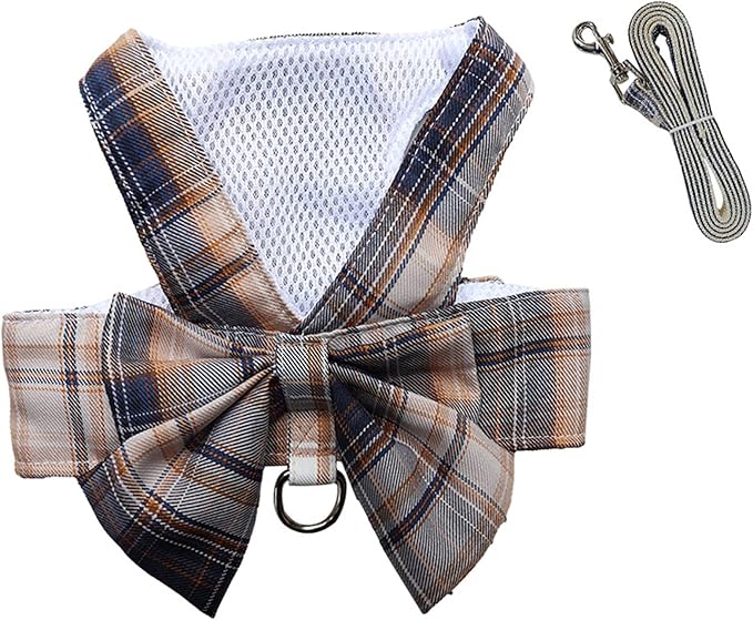 Dog Harness and Leash Set, Cute Bow Tie Plaid Harnesses for Puppy Cat, Adjustable Pet Kitties Vest, Breathable Harness Traction Rope for Boy Girl Small Animal(Harness Navy Blue,2XL for 15.4-22lbs Dog)
