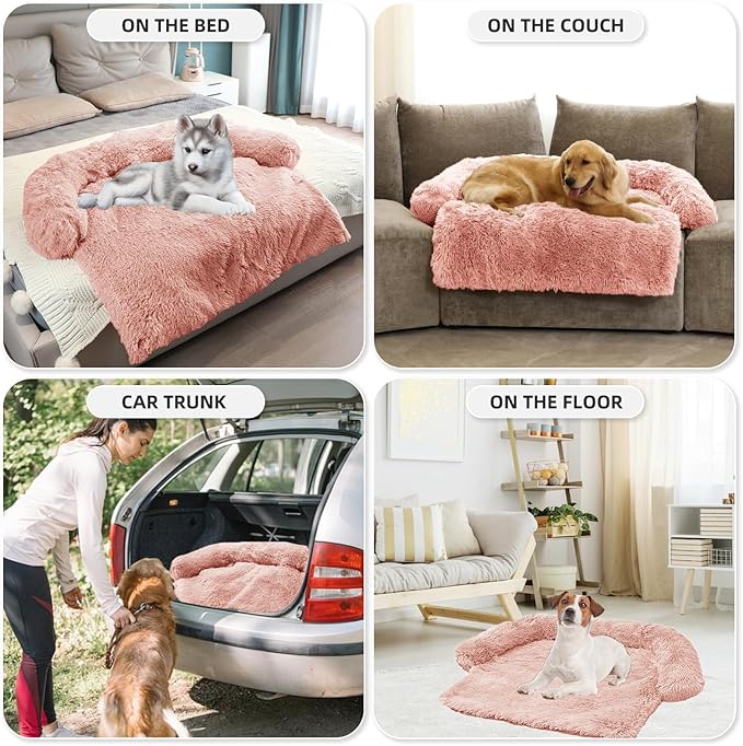Calming Dog Bed Fluffy Plush Dog Mat for Furniture Protector with Removable Washable Cover for Large Medium Small Dogs and Cats (Extra Large (53x39.3x6), Pink)
