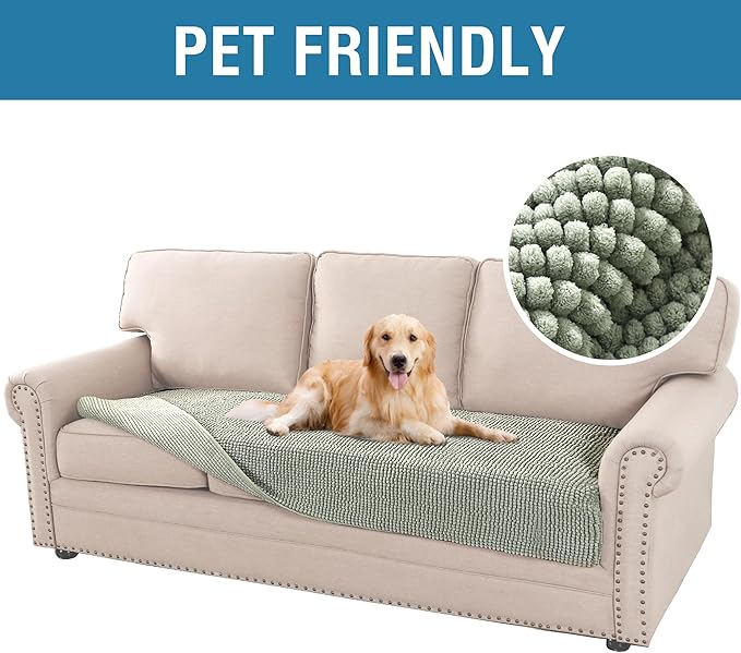 H.VERSAILTEX Plush Chenille Dog Bed Cover Thick Soft Sofa Cover for 3 Cushion Couch Anti Slip Couch Cover Furniture Protector for Dog, Pet, Cat (35" x 74", Sea Foam)