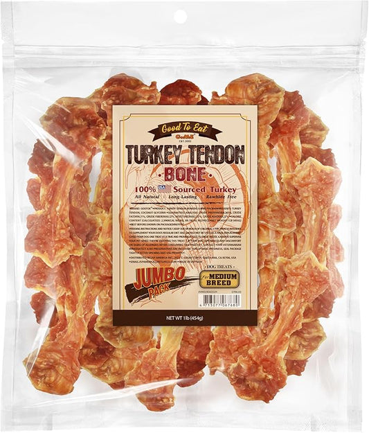 Gootoe Turkey Tendon Dog Treats, Bone (M) 1 lb, 100% USA Sourced Turkey, Natural Snack, Premium Puppy Chews, Hypoallergenic, Rawhide Free, Reseal Value Bag, Size for Medium Dogs