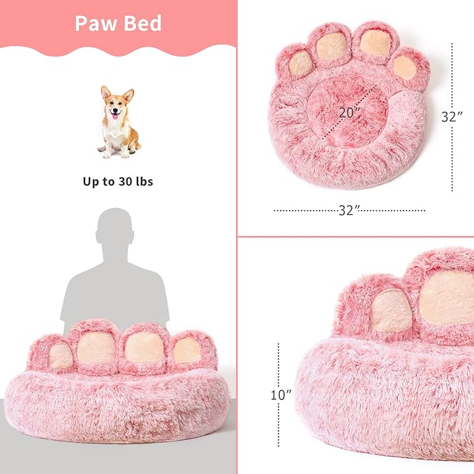 Jiupety Paw Shape Calming Pet Bed, Medium Plush Faux Fur Donut Bed for Dogs & Cats, Machine Washable, Non-Slip Bottom, Extra Large Size (32"×32"×10"), Pink