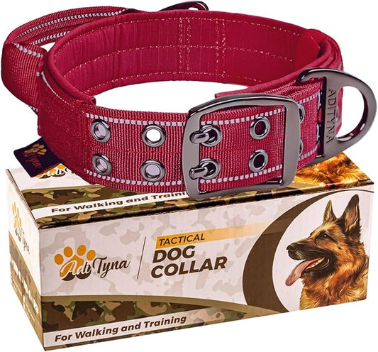 ADITYNA Heavy Duty Dog Collar for Medium Dogs - Reflective Burgundy Collar with Handle for Training, and Walking - Wide, Thick, Tactical, Soft Neoprene Padded