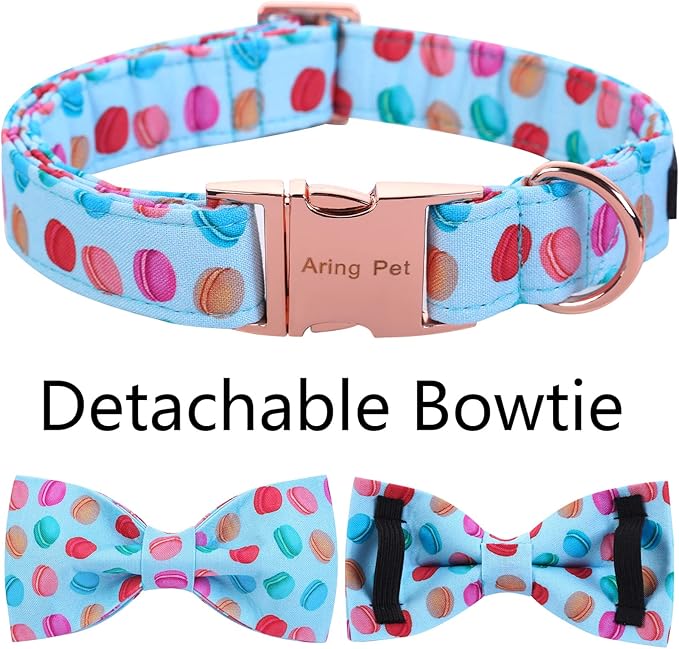 ARING PET Summer Macaroon Bowtie Dog Collar, Adjustable Cotton Bow Pet Collar with Metal Buckle