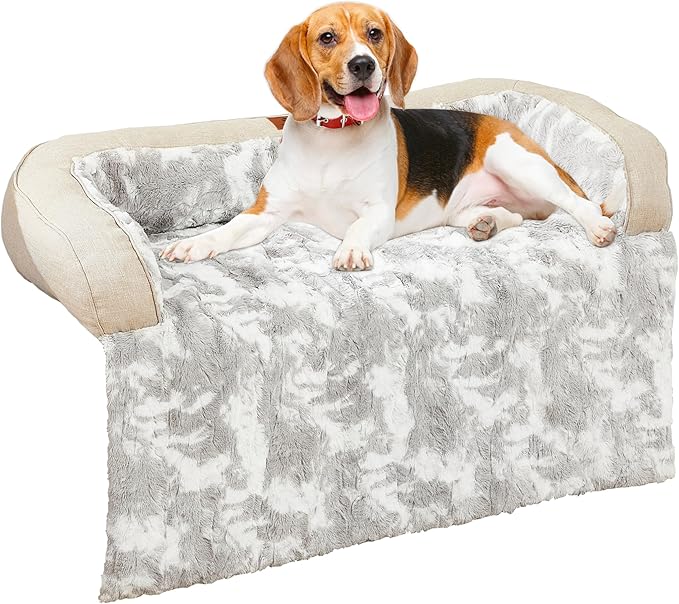 Calming Dog Couch Bed Mat, 35x31 Inch Waterproof Fluffy Sofa Cover, Furniture Protector with Handle, Removable and Washable Pet Bed for Small Medium Dogs and Cats (Beige)