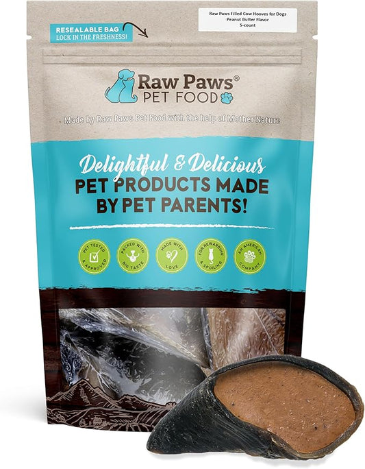 Raw Paws Filled Cow Hooves for Dogs - Peanut Butter Flavor, 5-Pack, Natural Beef, Free Range Cow Hooves - Peanut Butter for Dogs - Stuffed Cow Hoof Dog Chews