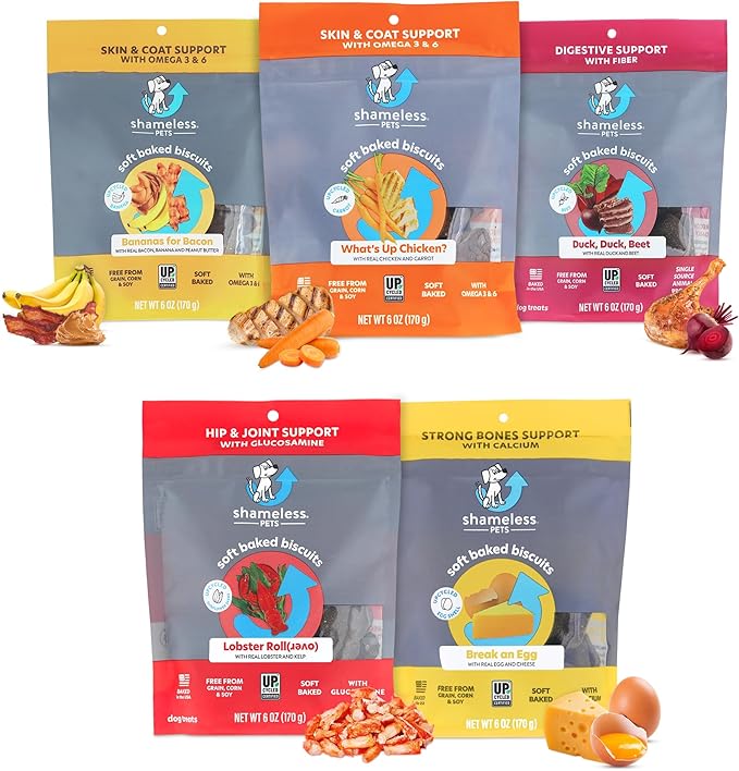 Shameless Pets Soft-Baked Treats, Meat Variety 5-Pack - Natural & Healthy Chews for Small, Medium & Large Dogs - Biscuits Baked & Made in USA, Free From Grain, Corn & Soy