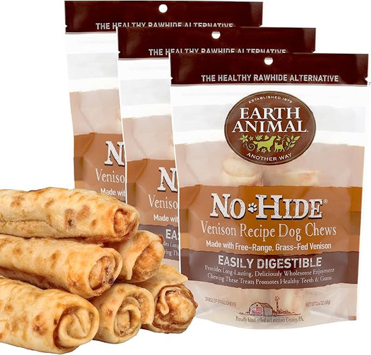 Earth Animal No Hide Small Long Lasting Dog Chew Rolls, Venison, 2 Count Pack of 3