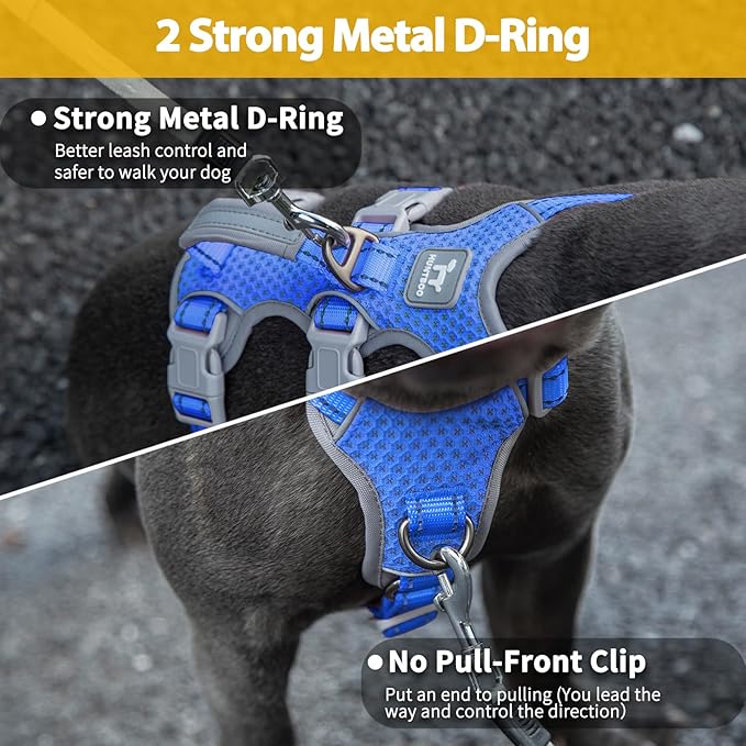 Escape Proof Dog Harness, No Pull Reflective Harness with Lift Handle,Adjustable Pet Vest with Front and Back Leash Clips for Small Medium Large Dogs Walking Hiking Training (Sea Blue,L)