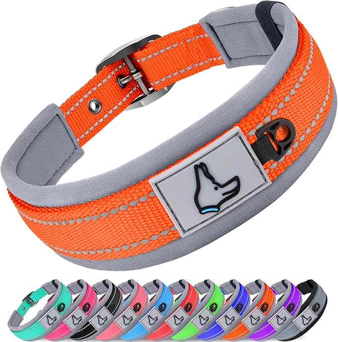 Joytale Dog Collar for Extra Large Dogs, Neoprene Padded and Adjustable, Reflective Wide Heavy Duty Pet Collars with Durable Metal Belt Buckle for Walking, Orange, XL